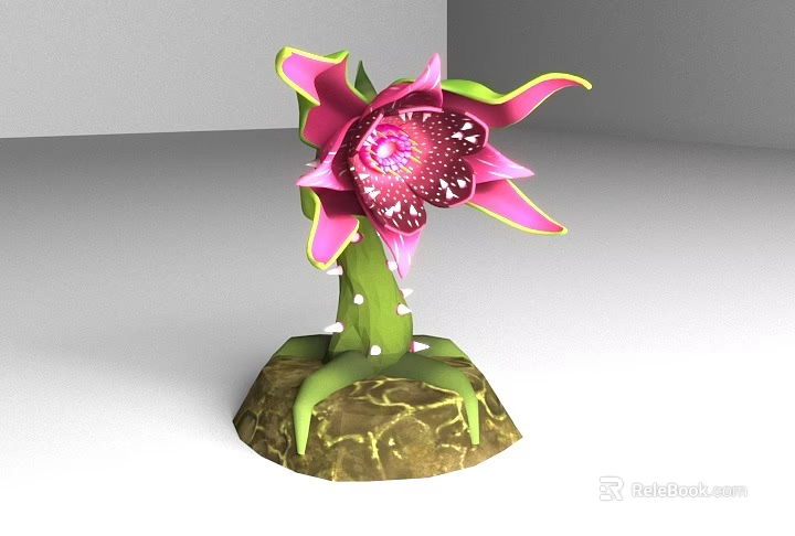 Vibrant Pink Flower With Spotted Center And Green Stem On Root Base 3d model 