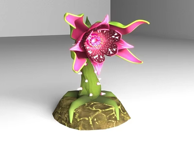 Vibrant Pink Flower With Spotted Center And Green Stem On Root Base 3d model