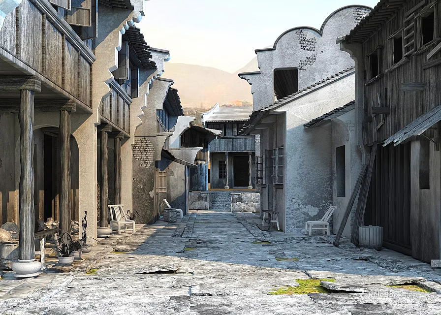 Ancient Architecture Scene Of Historical Village With Traditional Wooden Houses And Stone Paved Road 3d model 