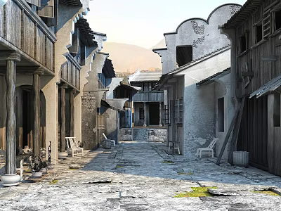 Ancient Architecture Scene Of Historical Village With Traditional Wooden Houses And Stone Paved Road 3d model