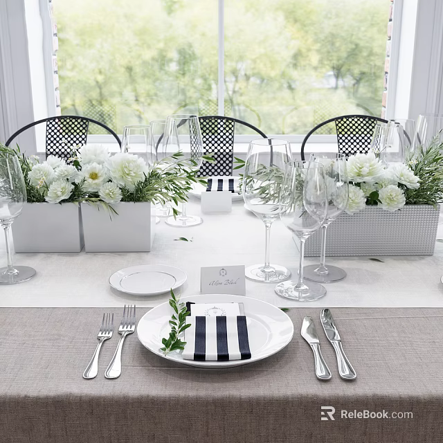 Elegant Tableware Set with Plates Forks Knives Wine Glasses White Flowers Green Foliage 3d model 