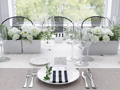 Elegant Tableware Set with Plates Forks Knives Wine Glasses White Flowers Green Foliage 3d model