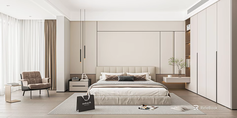 Modern Luxury Bedroom Interior With Beige Bed Nightstands Pendant Lights Area Rug And Green Plant 3d model 