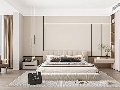 Modern Luxury Bedroom Interior With Beige Bed Nightstands Pendant Lights Area Rug And Green Plant 3d model