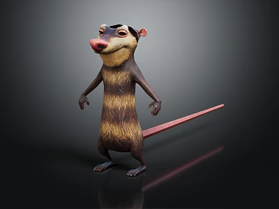 Cartoon Standing Rodent With Striped Body Pink Nose Pink Tail And Reflection On Black Background 3d model