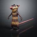 Cartoon Standing Rodent With Striped Body Pink Nose Pink Tail And Reflection On Black Background
