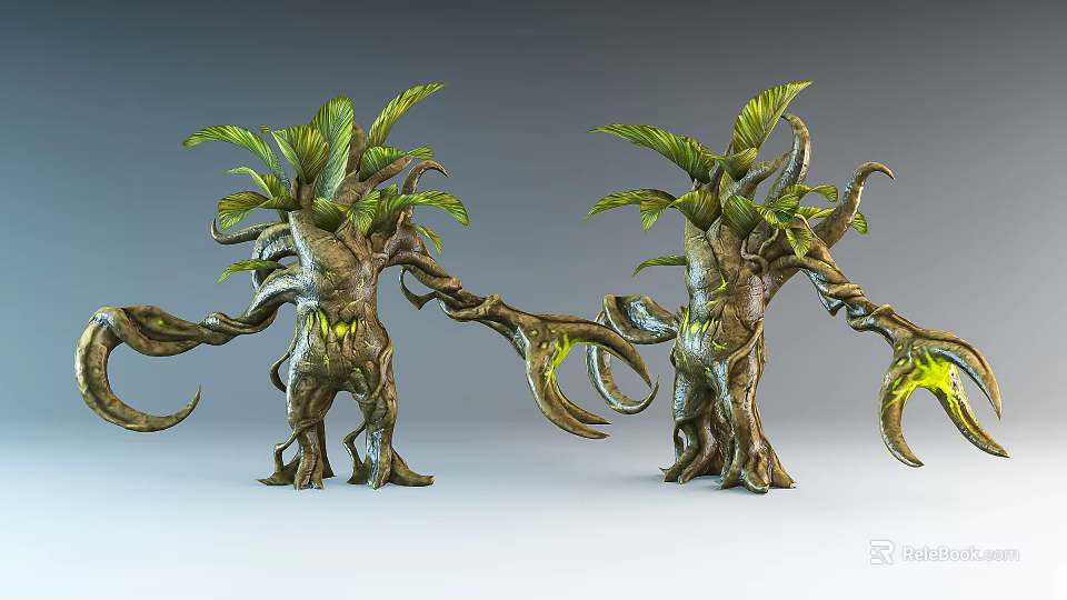 Game and Movie Mythical Tree Creature with Green Leaves Twisted Branches and Glowing Yellow Parts 3d model 