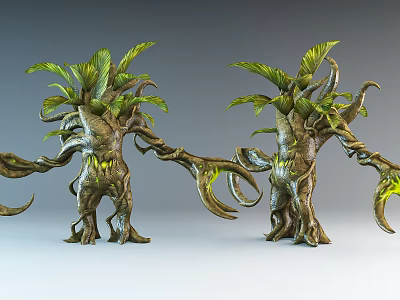 Game and Movie Mythical Tree Creature with Green Leaves Twisted Branches and Glowing Yellow Parts 3d model