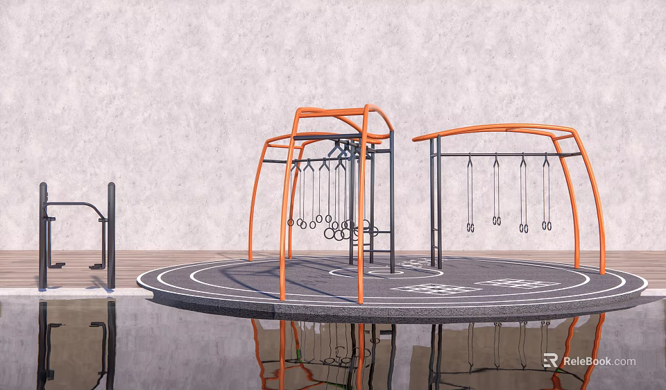 Outdoor Sports Equipment With Orange Metal Frames And Circular Fitness Area 3d model 