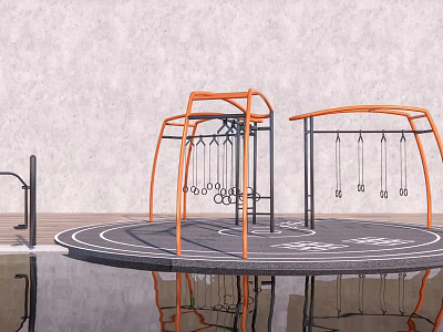 Outdoor Sports Equipment With Orange Metal Frames And Circular Fitness Area 3d model
