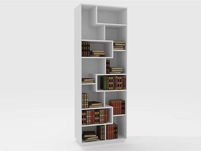 Modern White Bookcase With Geometric Compartments And Stacked Books Home Interior 3d model
