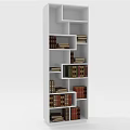 Modern White Bookcase With Geometric Compartments And Stacked Books Home Interior