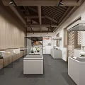 Traditional Exhibition Hall Interior With Wooden Beams Display Cases And Ceramic Vases