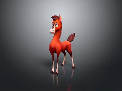 Red Cartoon Pony Standing with Brown Mane Tail White Face Legs on Gray Background Reflection 3d model