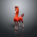 Red Cartoon Pony Standing with Brown Mane Tail White Face Legs on Gray Background Reflection