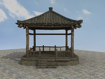 Traditional Chinese Pavilion with Wooden Structure Tiled Roof Circular Base and Stone Pavement 3d model