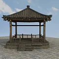 Traditional Chinese Pavilion with Wooden Structure Tiled Roof Circular Base and Stone Pavement