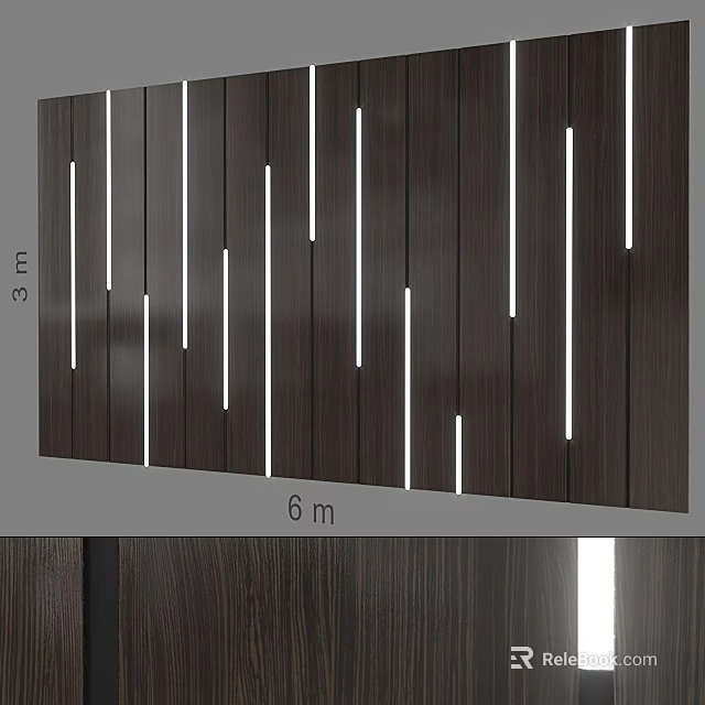 Modern Interior Wall Design With Dark Wood Panels Vertical Lighting Strips And Dimensions 3m 6m 3d model 