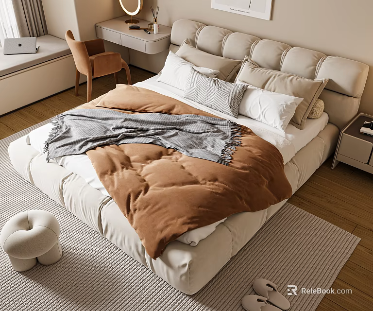 Double Bed With Beige Upholstered Headboard Brown Comforter Gray Throw Blanket And White Pillows 3d model 