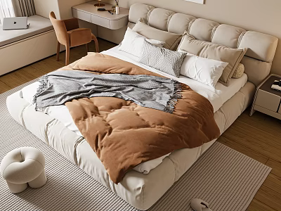 Double Bed With Beige Upholstered Headboard Brown Comforter Gray Throw Blanket And White Pillows 3d model