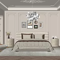 Elegant Bedroom Interior With Bedside Tables Chandelier Decorative Paintings Wardrobe And Rug