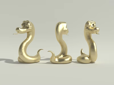 Three Golden Snake Sculptures With Various Poses And Artistic Metallic Design 3d model