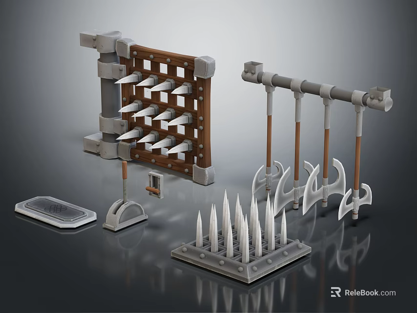 Medieval Wooden Weapon Rack With Metal Axes Spearheads And Defense Traps Model Set 3d model 