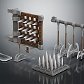 Medieval Wooden Weapon Rack With Metal Axes Spearheads And Defense Traps Model Set
