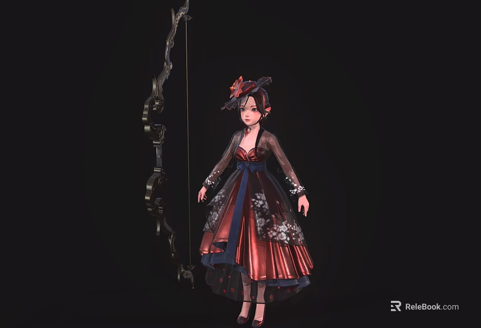 Woman Wearing Dark Red Floral Dress with Decorative Hat and Bow Arrow 3d model 