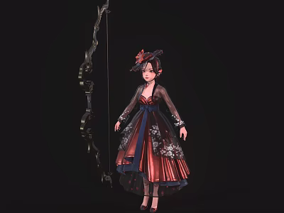 Woman Wearing Dark Red Floral Dress with Decorative Hat and Bow Arrow 3d model