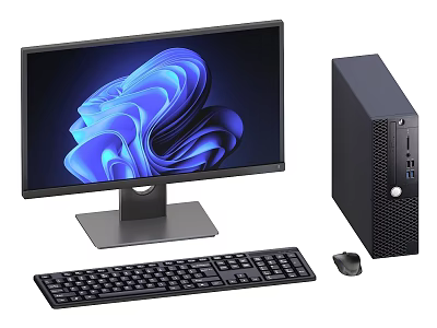 Modern Desktop Computer Setup With Blue Abstract Design Monitor Black Tower Keyboard And Mouse 3d model