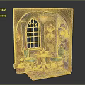 Dollhouse Interior With Arched Window Heart Shaped Chandelier Round Table Blue Chairs And Carpet