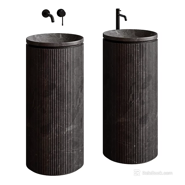 Modern Double Black Marble Column Washbasins With Vertical Grooves Design 3d model 
