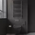 Modern Bathroom With Dark Marble Walls Black Freestanding Bathtub And Window Blinds