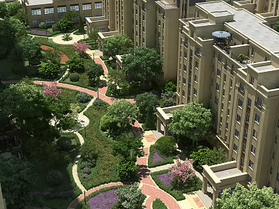 Lush Garden Landscape With Green Trees Colorful Flowers And Winding Paths Around Residential Buildings 3d model