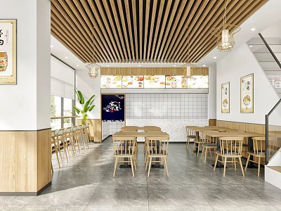 Modern Restaurant Interior With Wooden Slat Ceiling Pendant Lights Tables Chairs And White Tiled Wall 3d model