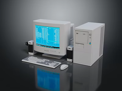 White Desktop Computer Setup With Monitor Keyboard Mouse Data Charts On Black Desk 3d model