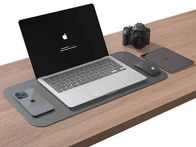 Apple Laptop On Wooden Desk With Mouse Pad Mouse Smartphone And Camera Setup 3d model