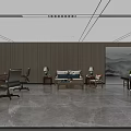 Modern Office Interior With Wooden Panel Walls Executive Desk Leather Sofa And Landscape Painting