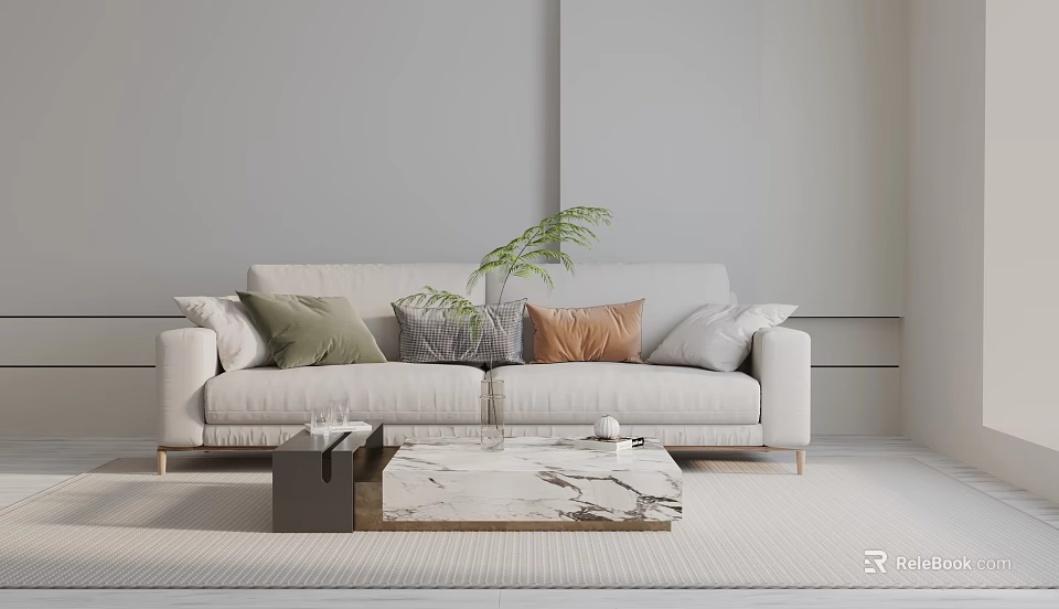 Modern Minimalist Three Seater Sofa With Decorative Pillows And Marble Coffee Table 3d model 