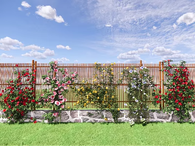 Climbing Vines With Colorful Flowers On Wooden Fence Against Blue Sky And Green Grass 3d model
