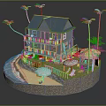 Cartoon Scene of Blue Roof Beach House with Palm Trees Waves Umbrella and Deck Chairs