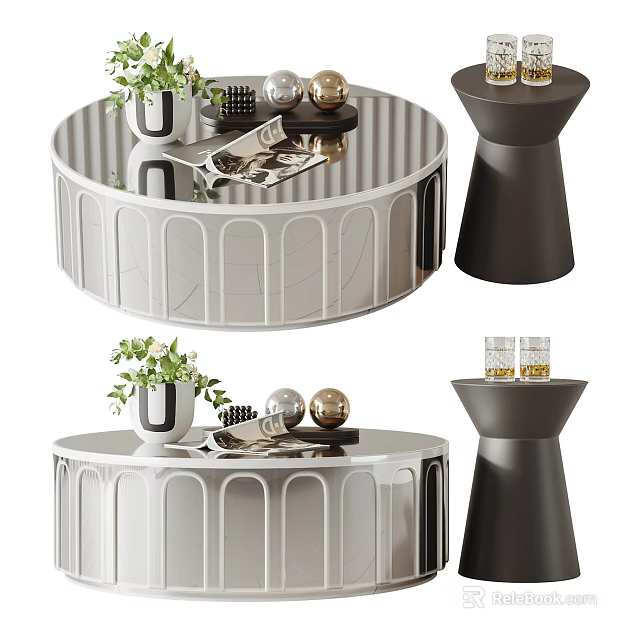 Sleek Modern Round Coffee Table With White Finish Black Accent And Decorative Items 3d model 