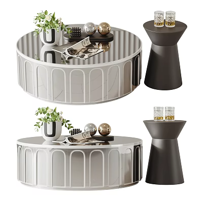 Sleek Modern Round Coffee Table With White Finish Black Accent And Decorative Items 3d model