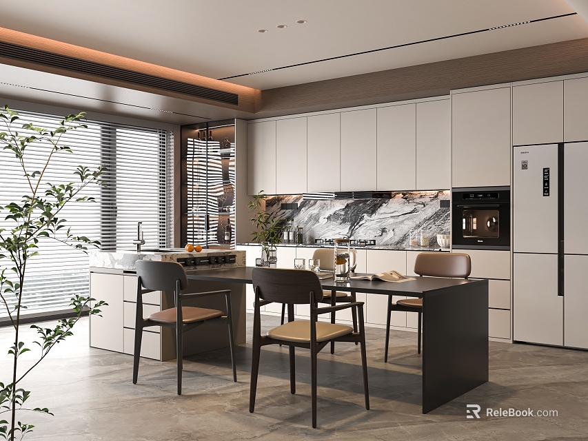 Modern Restaurant Open Kitchen Interior Design With Dining Table And Chairs 3d model 