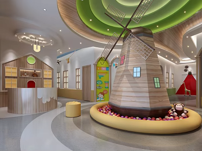 Vibrant Kindergarten Indoor Playground With Wooden Windmill Ball Pit And Colorful Toys 3d model