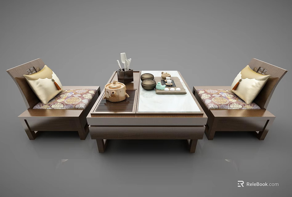 Leisure Sofa Set With Two Wooden Frame Sofas Patterned Cushions And Coffee Table Tea Set 3d model