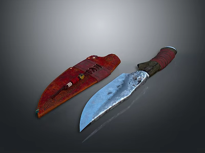 Hunting Knife With Red Decorative Sheath Brown Handle And Metallic Blade 3d model
