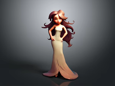 Cartoon Style Woman With Long Brown Curly Hair In Light Colored Dress Posing 3d model