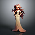 Cartoon Style Woman With Long Brown Curly Hair In Light Colored Dress Posing